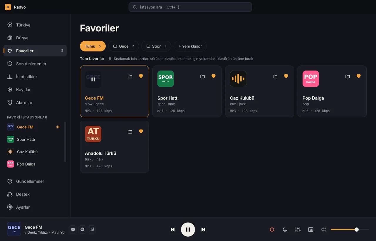 Favoriler ekranı: klasörler ve radyo kartları